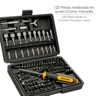 Imagen de Juego Puntas con Destornillador 1/4" 122 Pzs. Con Apadtador. Cromo Vanadio, Kit Llave Combinada, Kit Carraca,