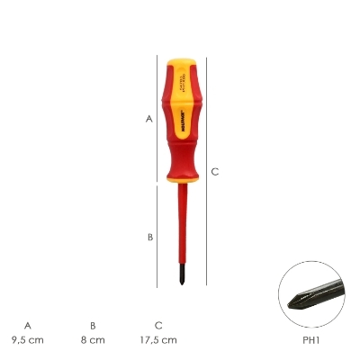 Imagen de Destornillador Phillips Aislado Certificado VDE 1.000 V. Medida PH 1 - 4,5 x 80 mm. Destornillador Seguridad Electricista